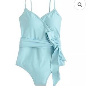 J. Crew V-neck Faux Wrap Back Tie One Piece Swimsuit Sunwashed Aqua Size 12